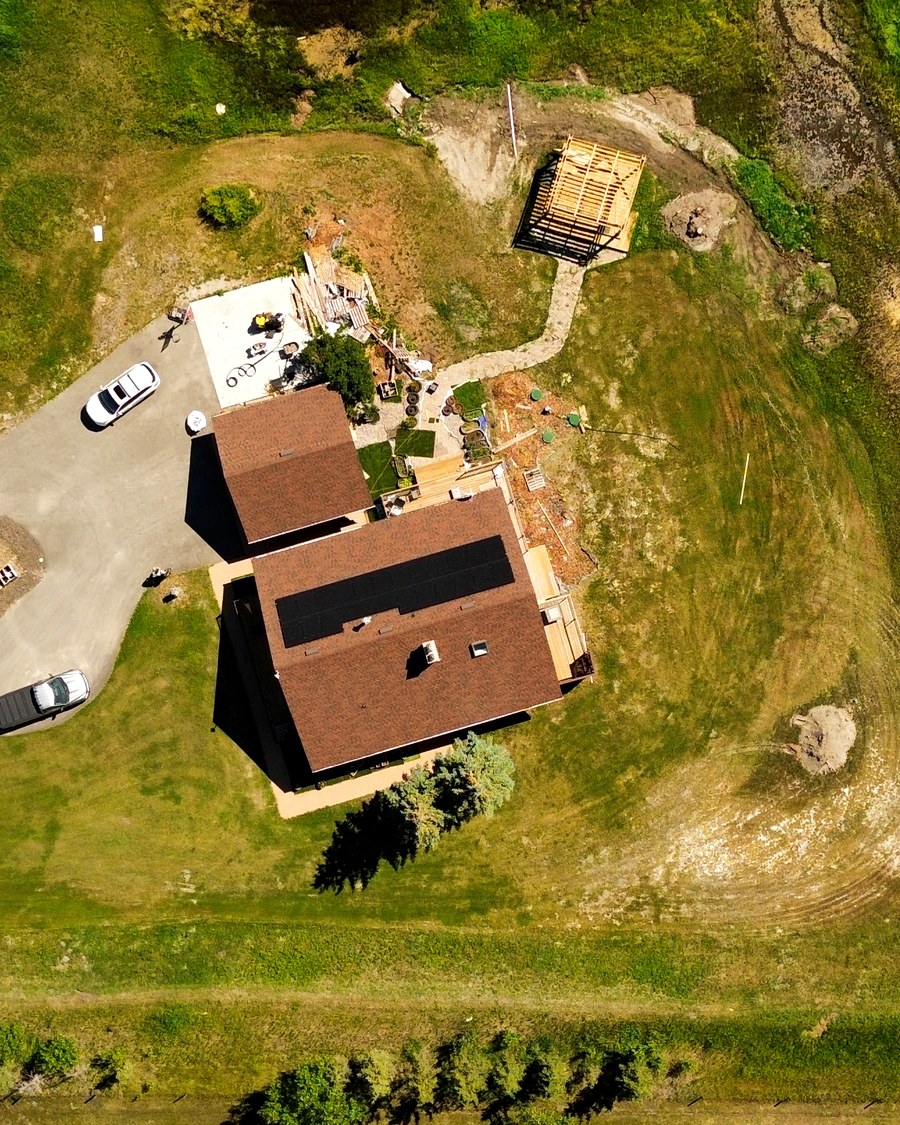Real drone photo of an acreage property build in progress near Calgary